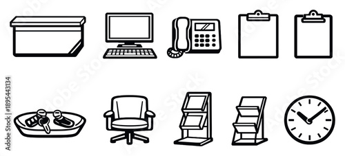 Automotive service reception items in linear style: service counter, desktop computer, desk phone, clipboard, key tray, waiting chair. Vector icons