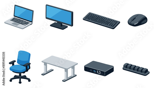 Professional workstation setup in isometric flat style: laptop, external monitor, keyboard, mouse, docking station, office chair, desk, cable organizer. Vector icons