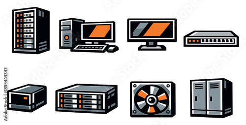 Consumer data infrastructure hardware in bold style: server rack, desktop computer, widescreen monitor, network switch, external hard drive, backup unit. Vector icons