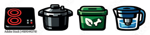 Resource-saving kitchen equipment in bold style: induction cooktop, pressure cooker, compost bin, water filter pitcher. Vector icons