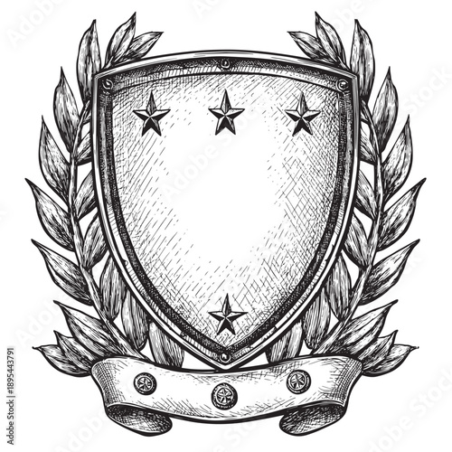 Detailed hand-drawn sketch of a classic heraldic shield with three stars, encircled by a laurel wreath, and a ribbon banner at the bottom, vintage emblem style