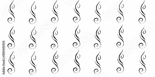 Repeating pattern of ornate swirling black calligraphic elements on white