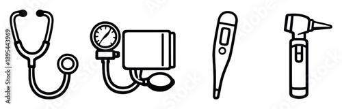 Clinical diagnostic instruments in linear style: stethoscope, blood pressure cuff, thermometer, otoscope. Vector icons
