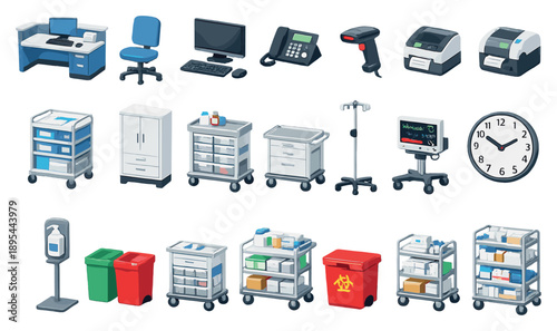 Healthcare management hospital operations equipment in isometric flat style: nurse station desk, rolling office chair, desktop computer, monitor, keyboard. Vector icons