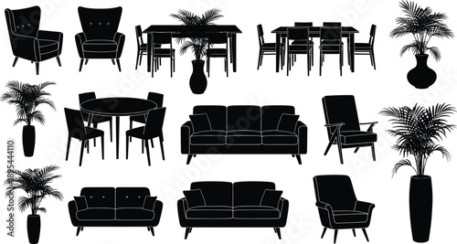 Modern living room furniture silhouettes collection with sofas, armchairs, dining tables, and decorative plants, minimalist interior design illustration for home decor and lifestyle concepts