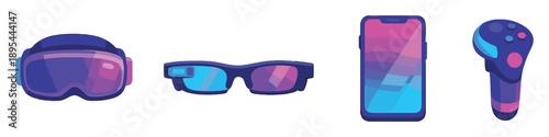Augmented reality headsets in flat style: headset, smart glasses, smartphone, controller. Vector icons