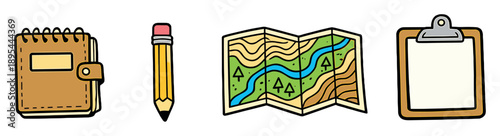 Geology field notes kit in doodle style: field notebook, pencil, topographic map, clipboard. Vector icons