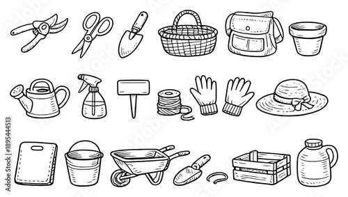 Herbal medicine garden harvesting tools in doodle style: pruning shear, garden scissors, hand trowel, basket, harvest bag, plant pot, watering. Vector icons