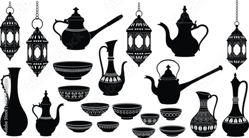 Arabic Traditional Item Silhouette Vector Set Featuring Ramadan Lanterns Coffee Pots Teapots And Ornamental Bowls For Islamic Culture And Hospitality Design
