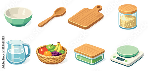 Wholesome living healthy kitchen items in isometric flat style: ceramic bowl, wooden spoon, cutting board, glass jar, water pitcher, fruit basket, storage. Vector icons