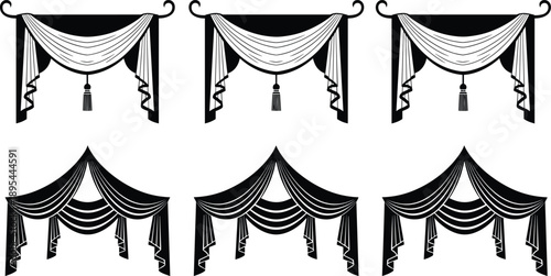 Black And White Curtain Silhouette Vector Set Featuring Elegant Theater Drapes Luxury Window Valances And Royal Stage Decoration Elements For Design
