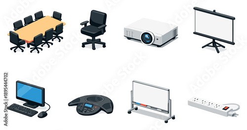Market research meeting room equipment in isometric flat style: conference table, swivel chair, projector, projection screen, desktop computer, speakerphone. Vector icons