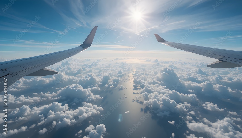 Obraz premium View from an airplane window above soft white clouds with sunlight shining through, capturing the beauty of air travel, freedom, adventure, and a peaceful journey across the sky and horizon