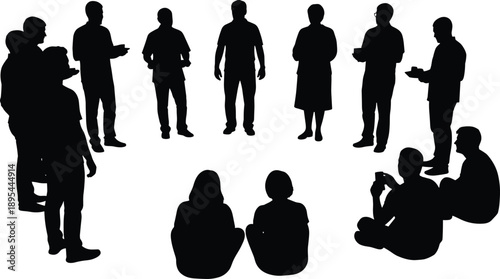 Group discussion people silhouettes in standing and sitting poses, social interaction, teamwork and communication concept illustrated in clean black vector style isolated on white background