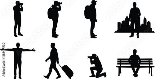 Photographer and traveler people silhouettes set showing camera shooting walking backpack city skyline and sitting poses black vector
