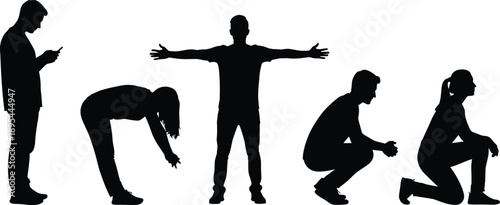 Human silhouettes showing different body poses and movements, expressive standing, bending, squatting gestures illustrating lifestyle, fitness, communication, posture, and physical activity concepts