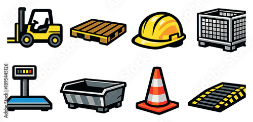 Recycling center operations tools in bold style: forklift, pallet, safety helmet, steel cage, weighing scale, metal bin, warning cone, loading ramp. Vector icons