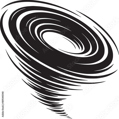 A black and white illustration of a tornado with swirling lines on a plain white background design art