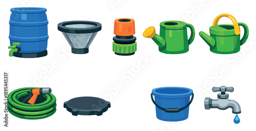 Residential rainwater harvesting tools in flat style: plastic barrel, mesh filter, hose connector, watering can, garden hose, lid cover. Vector icons