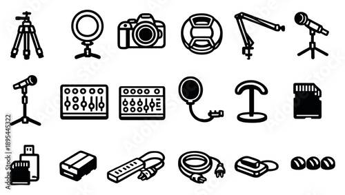 Virtual experience streaming accessories in linear style: tripod, ring light, camera body, lens cap, boom arm, microphone stand, audio. Vector icons