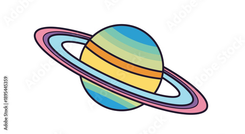 Colorful illustration of a ringed planet resembling saturn whimsical style