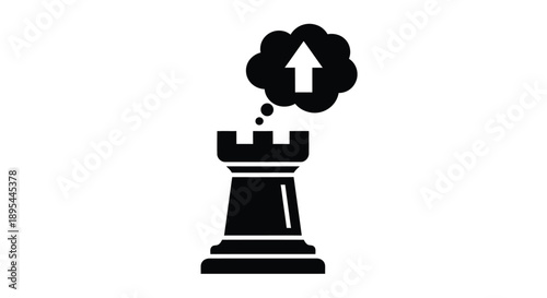 Chess rook with an upward pointing arrow inside a thought bubble