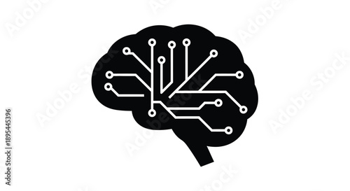 A stylized brain illustration incorporating circuit board elements in black