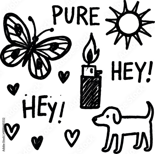 Hand-drawn doodle art set, featuring butterfly, sun, dog, hearts, lighter, hey text, urban graffiti elements, and quirky aesthetic design graphics.