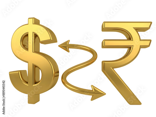 Golden dollar and rupee symbols exchanging with arrows isolated on transparent background