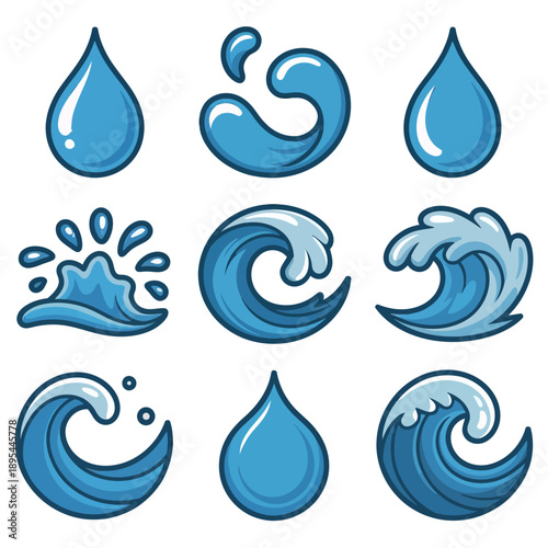 Collection of glossy blue water drop and ocean wave icons representing liquid.