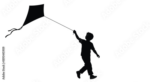 Silhouette of a child running and flying a black kite against a white background