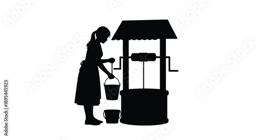 Silhouette of a girl drawing water from a traditional wishing well