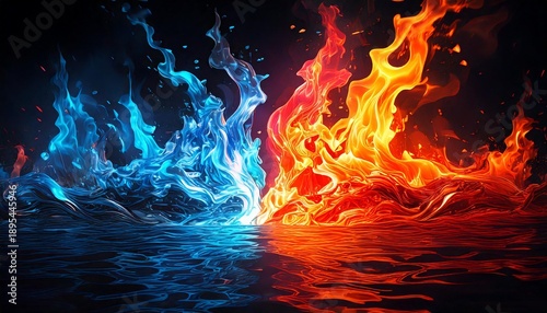 Abstract Concept of Fire and Ice Flames Rising from Dark Rippling Water