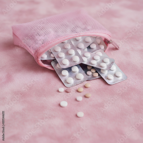 Wallpaper Mural Pink Mesh Pouch with Various Pharmaceutical Blister Packs and Scattered Medical Tablets on a Soft Pink Background for Healthcare and Wellness Concept Torontodigital.ca