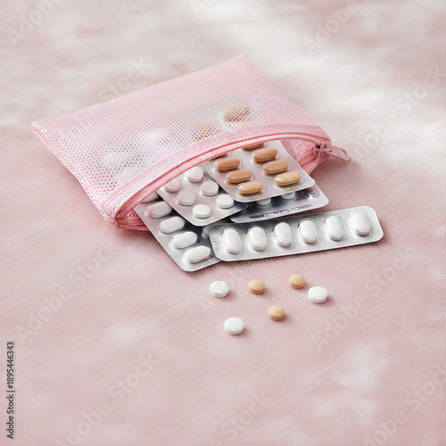 Wallpaper Mural Daily Medication Management and Vitamin Supplement Routine Featuring a Pink Travel Organizer Bag with Prescription Pills and White Tablets Torontodigital.ca