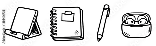 Casual tech desk items in doodle style: tablet stand, notebook, stylus pen, headphone case. Vector icons