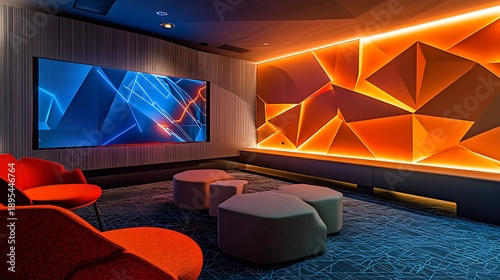A stylish TV lounge with a geometric media wall, LED strip lighting, and modular seating 