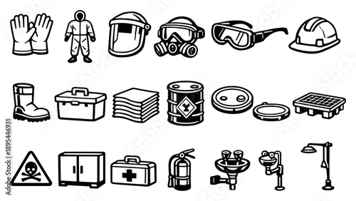 Waste management hazardous handling gear in linear style: safety glove, protective suit, face shield, respirator mask, safety goggle. Vector icons