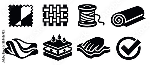 Fabric concept overview in bold style: fabric swatch, woven texture, thread spool, textile roll, soft folds, material layers, tactile hand, quality checkmark. Vector icons