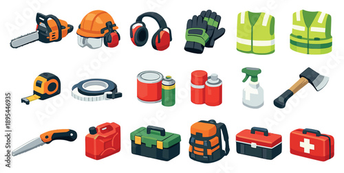 Forestry management field operations equipment in isometric flat style: chainsaw, safety helmet, ear protection, safety glove, high visibility vest, measuring. Vector icons