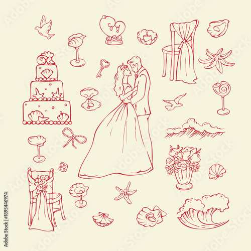 Sea wedding charming collection of hand drawn doodles