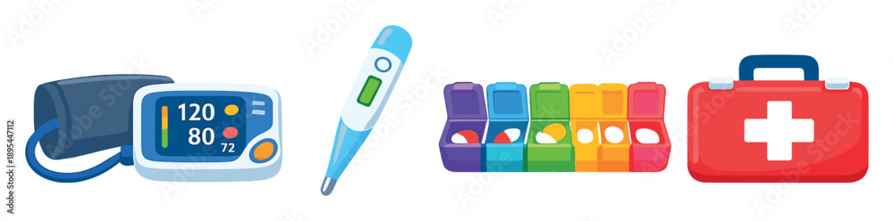 Fototapeta premium Home healthcare medical essentials in flat style: blood pressure monitor, thermometer, pill organizer, first aid kit. Vector icons
