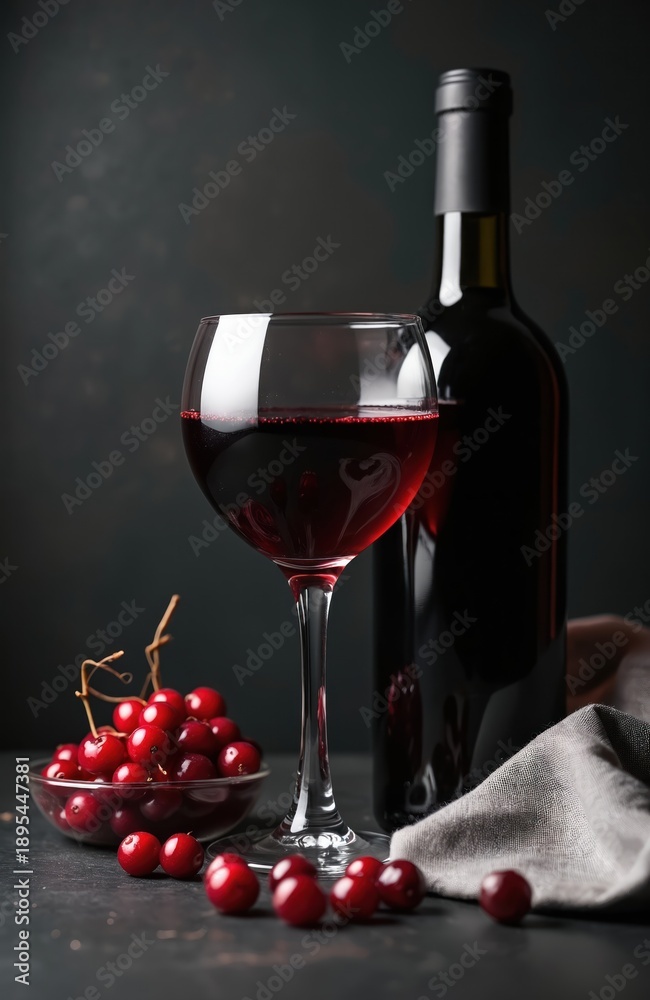 Fototapeta premium Red wine in glass next to bottle and fresh cherries on dark table. Deep color beverage poured for tasting. Relaxing after work or celebration drink.