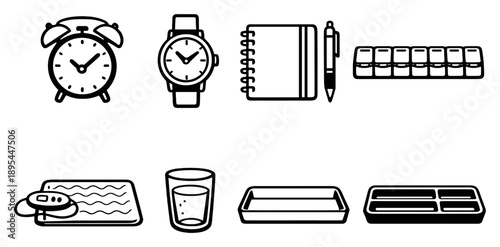 Self care daily routine tools in linear style: alarm clock, wristwatch, notebook, pen, pill organizer, heating pad, water glass. Vector icons