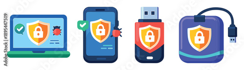 Cyber security personal devices in flat style: laptop, smartphone, USB drive, external hard drive. Vector icons