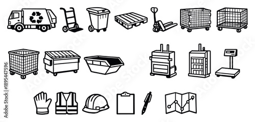 Recycling program collection equipment in linear style: recycling truck, hand truck, wheeled cart, pallet, pallet jack, storage cage. Vector icons