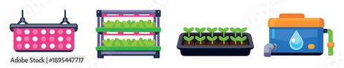 Indoor vertical farming equipment in flat style: LED grow light, plant shelf, seedling tray, nutrient tank. Vector icons