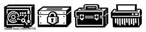 Secure payroll handling in bold style: safe, lockbox, briefcase, paper shredder. Vector icons