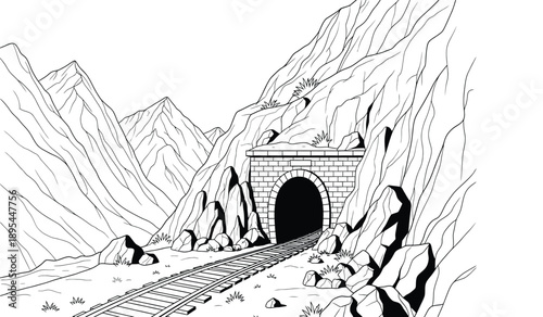 Black and white illustration of a mountain tunnel with railroad tracks leading to the entrance surrounded by rocky cliffs and mountains