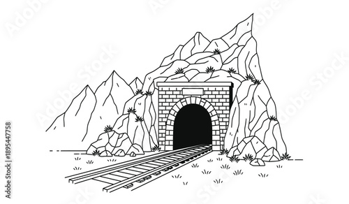 A black and white illustration of a tunnel entrance in a rocky mountain with railroad tracks leading to the dark opening
